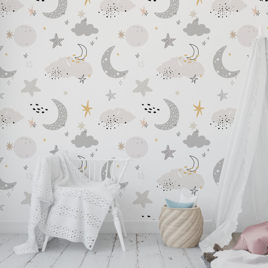 Celestial Dreams Moon and Stars Wall Paper For Kids Room